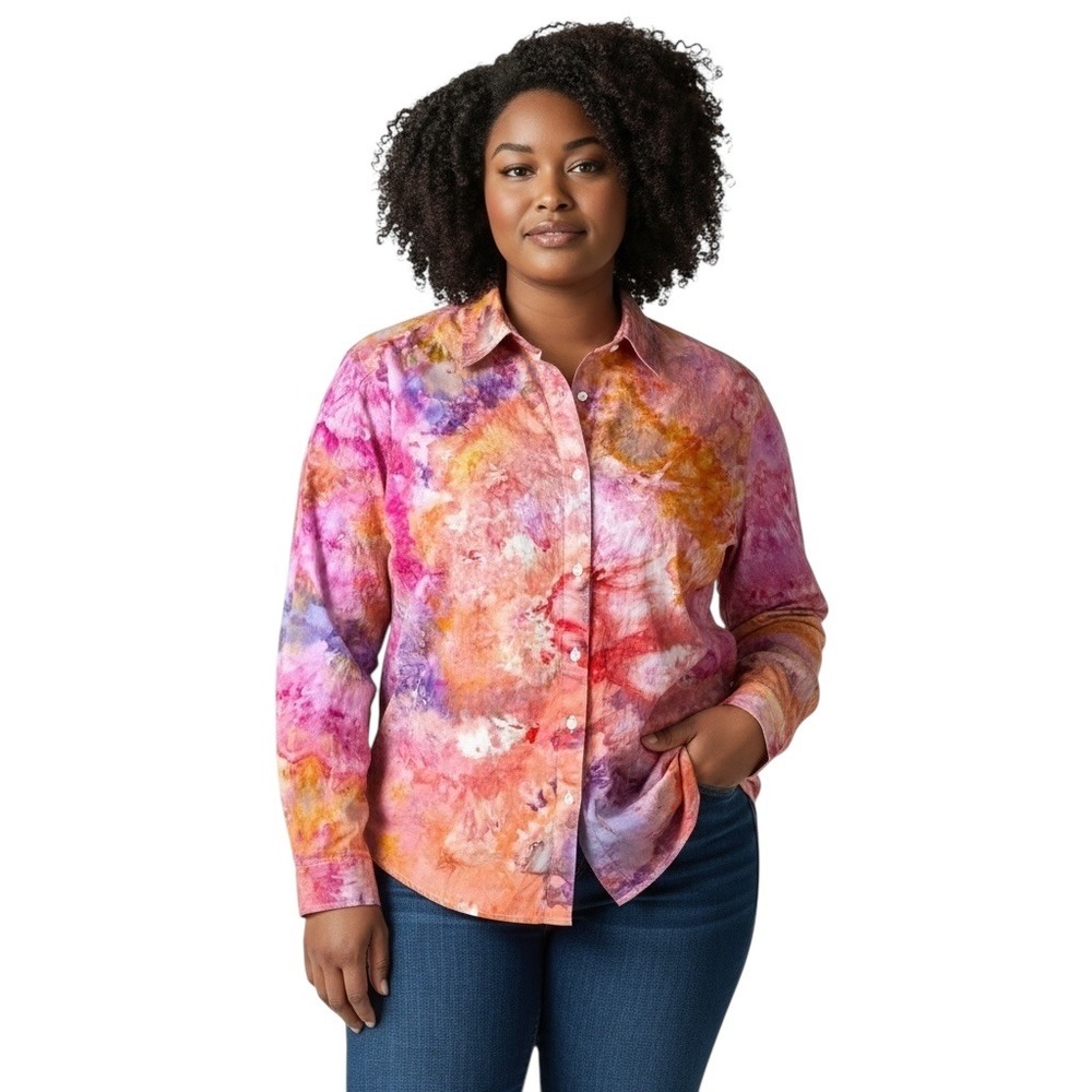 Wonderly Plus Size 1X Top Handmade Tie Dye Button Up Pink Orange Purple Boho 816